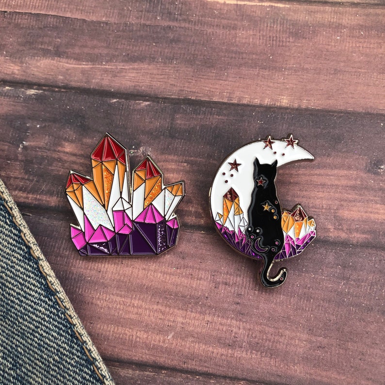 Lesbian Pride Flag Crystal and Cat Glitter Enamel Pin Set of Two or individual Lapel Pin, Badge LGBTQ l Pin image 8