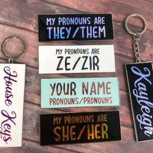 Personalised Pronouns Rectangle Enamel Keyring | Keychain | Bespoke  Gift