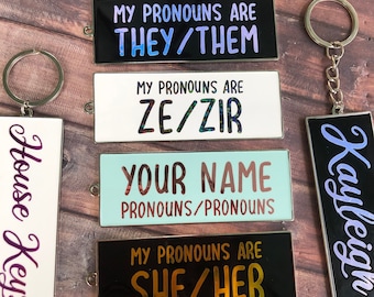Personalised Pronouns Rectangle Enamel Keyring | Keychain | Bespoke  Gift