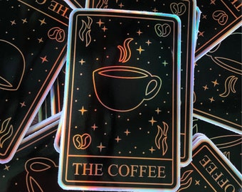 Coffee Tarot Card Holographic Iridescent Laptop Sticker Gift |