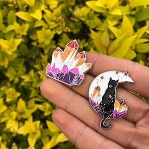 Lesbian Pride Flag Crystal and Cat Glitter Enamel Pin Set of Two or individual Lapel Pin, Badge LGBTQ l Pin image 9