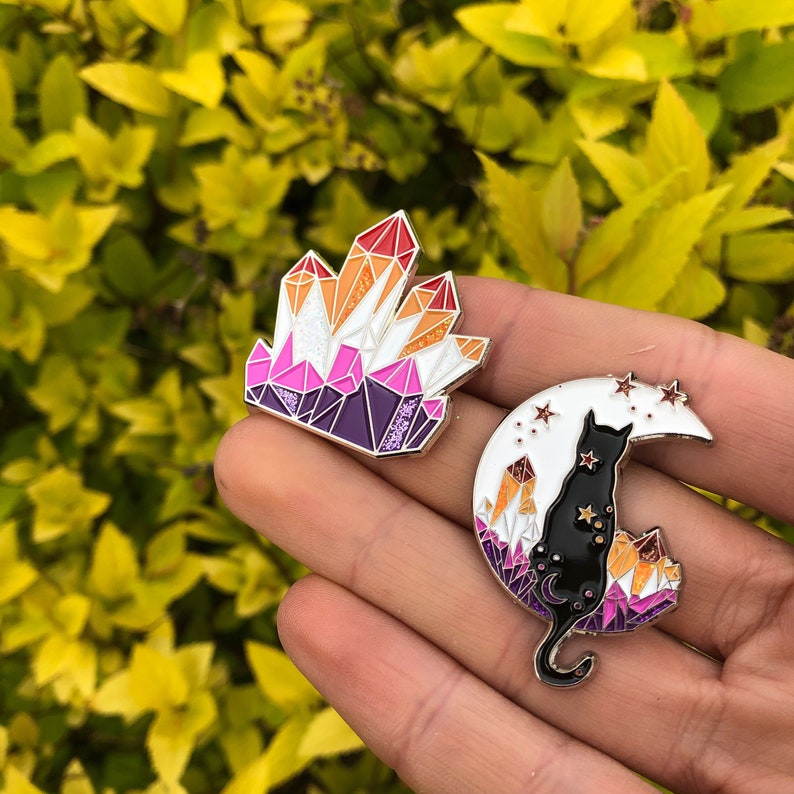 Lesbian Pride Flag Crystal and Cat Glitter Enamel Pin Set of Two or individual Lapel Pin, Badge LGBTQ l Pin image 9