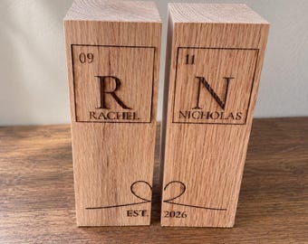 Personalised Periodic Table Inspired Solid Oak Wedding Bookends |  | Unique Wedding Gift for Couple | Anniversary Present, Science Lover