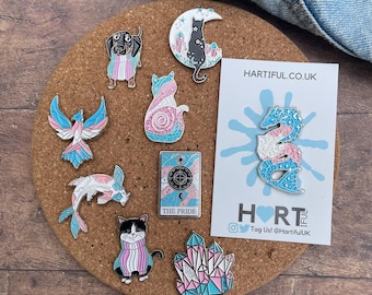 Transgender Pride Flag Crystal, Cat, Tarot Card Glitter Enamel Pin Set (or individual) | Lapel Pin, Badge | LGBTQ+ | Trans