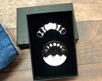 GIFT SET | Set of Two | Moon Phases Circle And Moon Phases Enamel Pin | Star Sign, Moon, Stars | Gift | Lapel Pin, Badge |