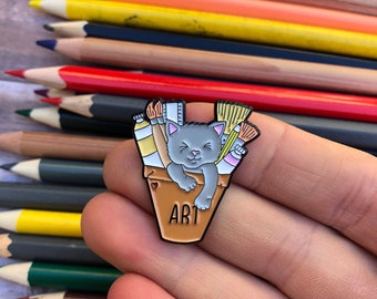 Crafty Cat in Art Pot Enamel Pin | Lapel Pin, Badge | Art Cat Lover