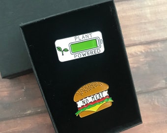 GIFT SET Personalise A Box | Set of Two | Plant Powered, No Meat Enamel Pins | Vegan Stocking Filler Gift | Lapel Pin, Badge |