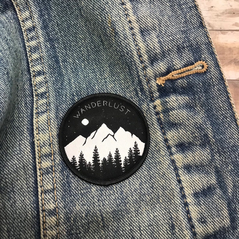 Wanderlust Patch Mountains, Trees and Moon Iron on, Sew On Travel, Explore Stocking Filler Gift Patch image 2