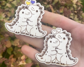 Customisable Dinosaurs Hugging Wooden Fridge Magnet | Gift | Gift, T-Rex Couples Friendship