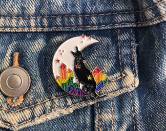 LGBT Wolf Crystal Moon Enamel Pin | Badge | Stocking Filler | LGBTQI+ Rainbow with Glitter