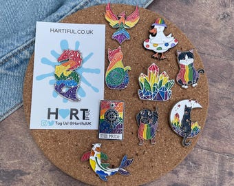LGBT Rainbow Pride Flag Crystal and Cat Glitter Enamel Pin Set of Two (or individual) | Lapel Pin, Badge | LGBTQ+ | l Pin