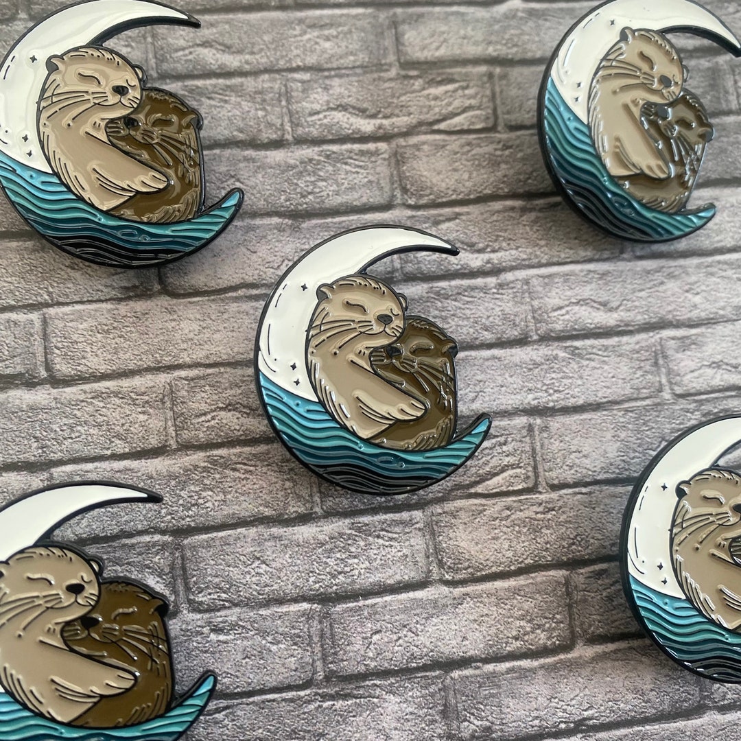 Hugging A Pin Otters Hugging Enamel Pin | Moon Lapel Pin - Etsy