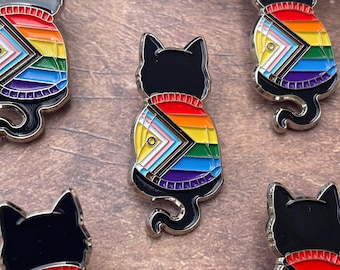 Ally Pride LGBTQIA+ Cat Enamel Pin – Rainbow Sweater Cat Pin for Pride, Queer Allies, Progress Pride