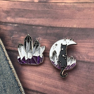 Asexual Pride Flag Crystal and Cat Glitter Enamel Pin Set of Two (or individual) | Lapel Pin, Badge | LGBTQ+ | Ace Pin