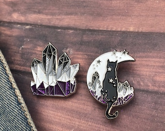 Asexual Pride Flag Crystal and Cat Glitter Enamel Pin Set of Two (or individual) | Lapel Pin, Badge | LGBTQ+ | Ace Pin