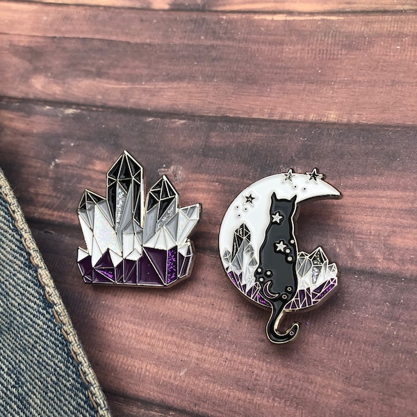 Asexual Pride Flag Crystal and Cat Glitter Émail Pin Set de Deux (ou individuel) | Épinglette, insigne | LGBTQ+ | Épingle d’as