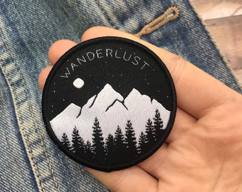 Wanderlust Patch | Mountains, Trees and Moon | Iron on, Sew On | Travel, Explore || Stocking Filler Gift |  Patch |