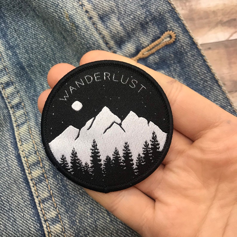 Wanderlust Patch | Mountains, Trees and Moon | Iron on, Sew On | Travel, Explore || Stocking Filler Gift |  Patch | 