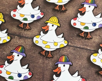 Duck Enamel Pin | Gift | Lapel Pin, Badge |  Rubber Ring and Hat Cute Duck | Rainbow Pride