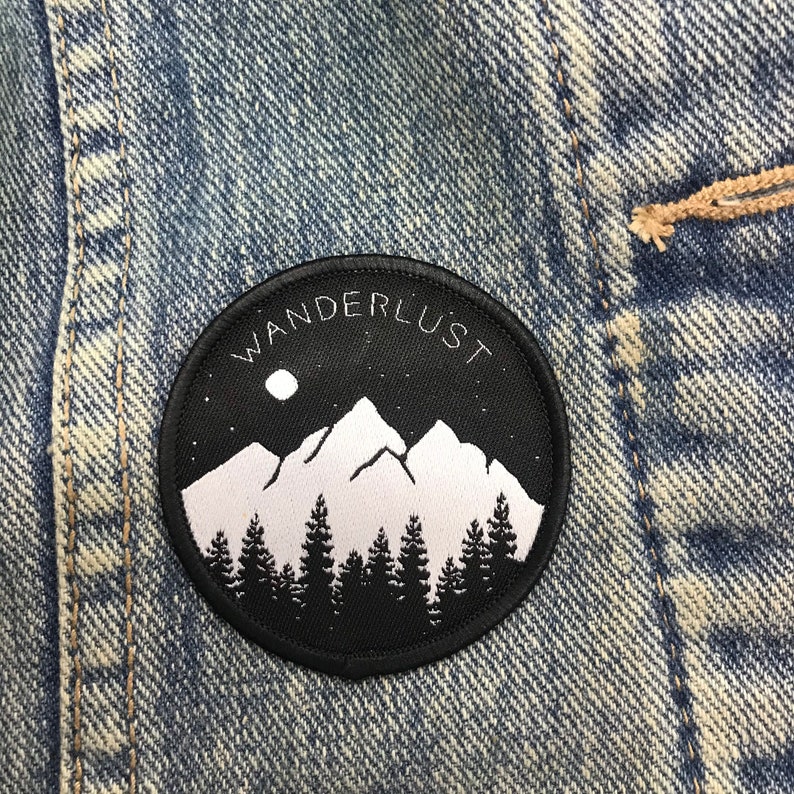 Wanderlust Patch Mountains, Trees and Moon Iron on, Sew On Travel, Explore Stocking Filler Gift Patch image 4