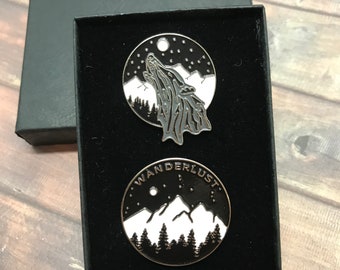 GIFT SET Personalise a Box | Set of Two | Wanderlust and Wolf Circle Enamel Pins | Stocking Filler Gift | Lapel Pin, Badge |