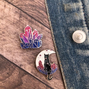 Bisexual Orgullo Bandera Cristal y Gato Glitter Esmalte Pin Conjunto de Dos (o individual) / Pin de solapa, Insignia / LGBTQ+ / Bi Pin