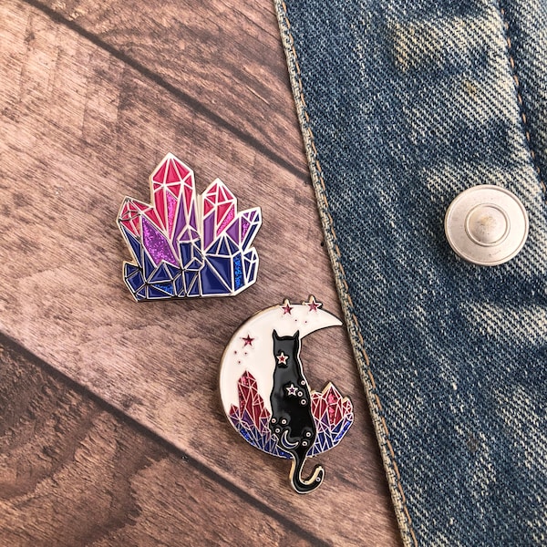 Bisexuell Pride Emaille Pin Set: Kristall & Katze Glitzer Anstecknadeln