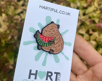 Capybara with Watermelon Enamel Pin | Gift | Lapel Pin, Badge |