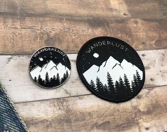 Set of Wanderlust Enamel Pin and Patch - Mountains, Trees and Moon - Iron on, Sew On. Brooch, Badge| Stocking Filler Gift