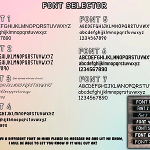 May include: A graphic showing seven different font styles with the alphabet, numbers, and the words "FONT SELECTOR".  The fonts are labeled "FONT 1" through "FONT 7".