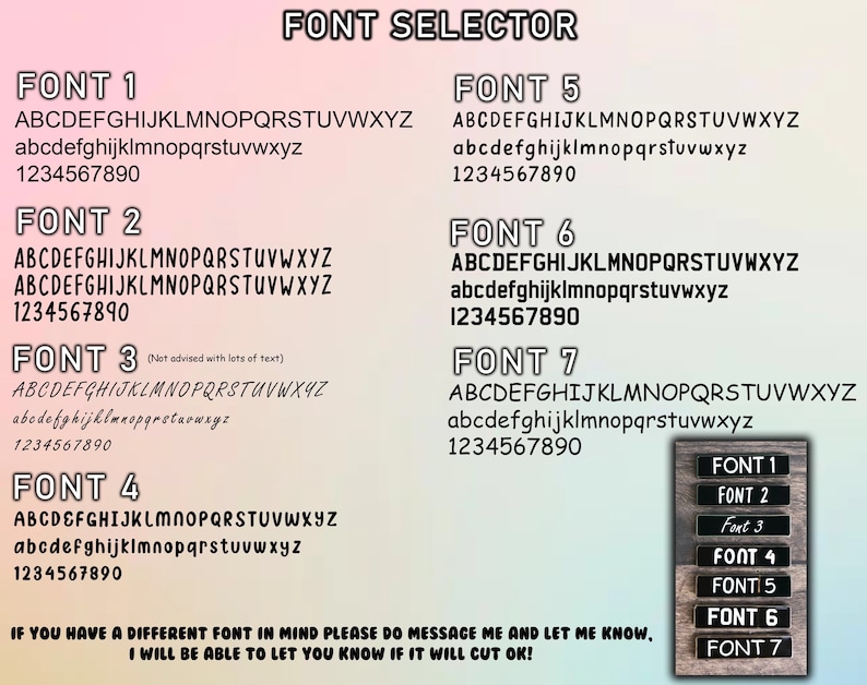 May include: A graphic showing seven different font styles with the alphabet, numbers, and the words "FONT SELECTOR".  The fonts are labeled "FONT 1" through "FONT 7".