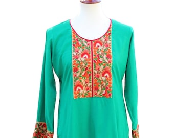 Green and Red Handmade Embroidered Kaftan Dress Size Medium