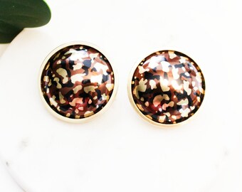 Camouflage Gold Button Clip On Earrings 1980s Vintage Button Earrings