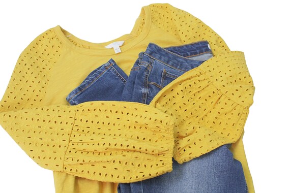 Yellow Ruffle Top with Eyelet Sleeves 100% Cotton… - image 6