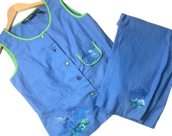 Sag Harbor Capri Pant Set 12 Blue Tropical Beach Linen 90s Vintage