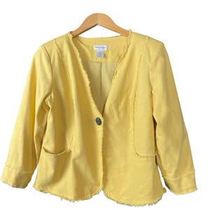Monroe & Main Blazer Jacket Yellow Women Size 10 Pockets Linen Frayed Hem