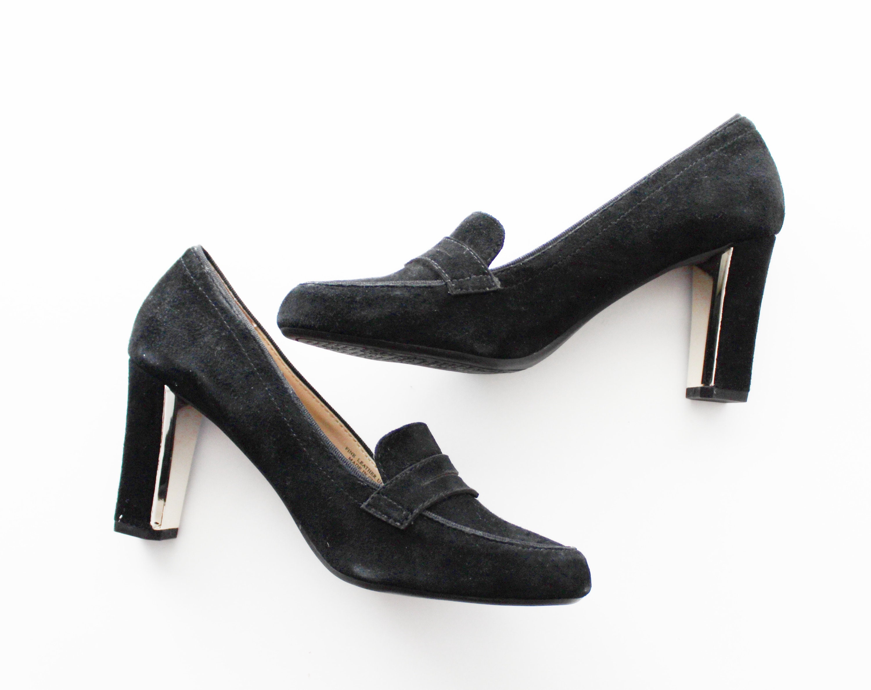 Black Suede Block Loafer Heels Black 