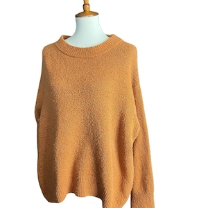 May include: A burnt orange sweater with a crew neck and long sleeves. The sweater has a textured finish and is displayed on a mannequin. The garment is made of a soft material and is suitable for casual wear.