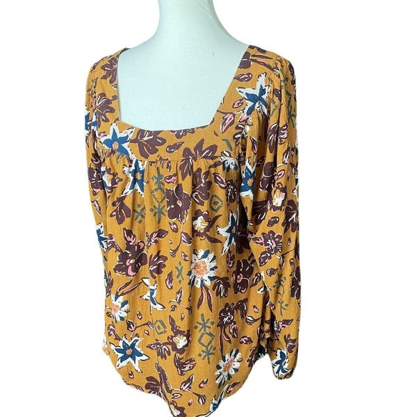 Yellow Rust Floral Tunic Size XL Ruffles Long Sleeves Square Neck