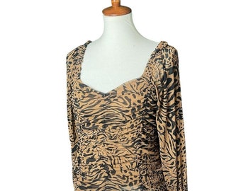 Leopard Blouse Ruched Long Sleeve Lined Size Large Brown Y2k