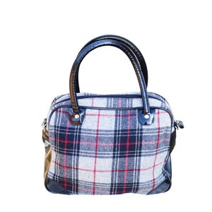 Black Gray and Red Plaid Patent Leather Hand Bag Wool Blend Zipper Closure