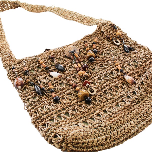 Woven Beaded Jute Bag  Straw Purse  Bohemian Bag Hippie Style Y2K