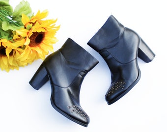 Black and Gold Ankle Boots| Black Boots with Gold Grommets| Almond Toe Boots| Olivia Miller Size 7.5