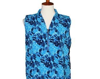 Blue and Black Floral Print Sleeveless Top Blouse Women Medium