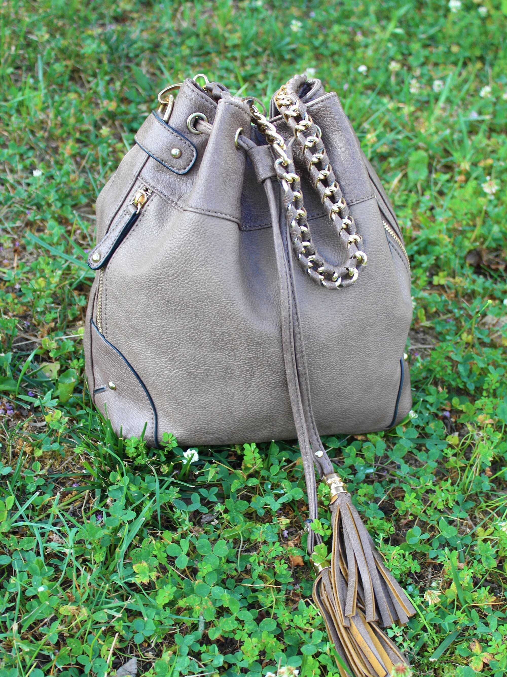 Corîu Suede Small Bucket Crossbody Bag in Taupe