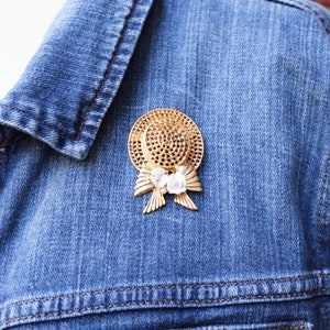 Vintage Gold Straw Hat Brooch  Cottage Core Jewelry Jacket Pins Scarf Brooch