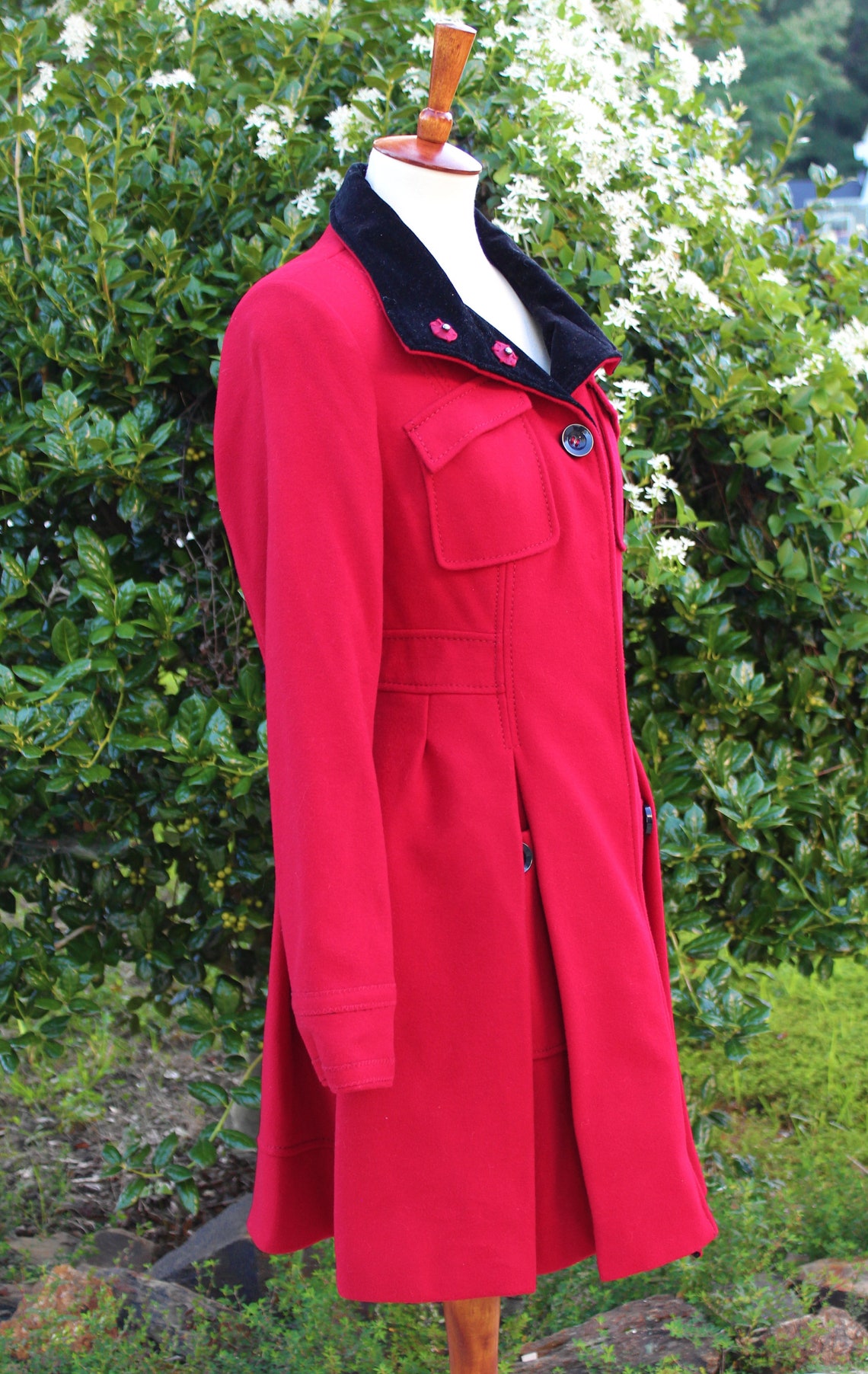 Red and Black Trench Coat Pleated Jacket Long Winter Coat Etsy