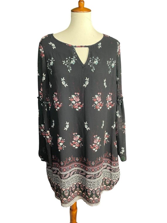 xhilaration boho dress XHILARATION Black Floral Dress Women Size L Flowy Boho Long Sleeve  Lagenlook