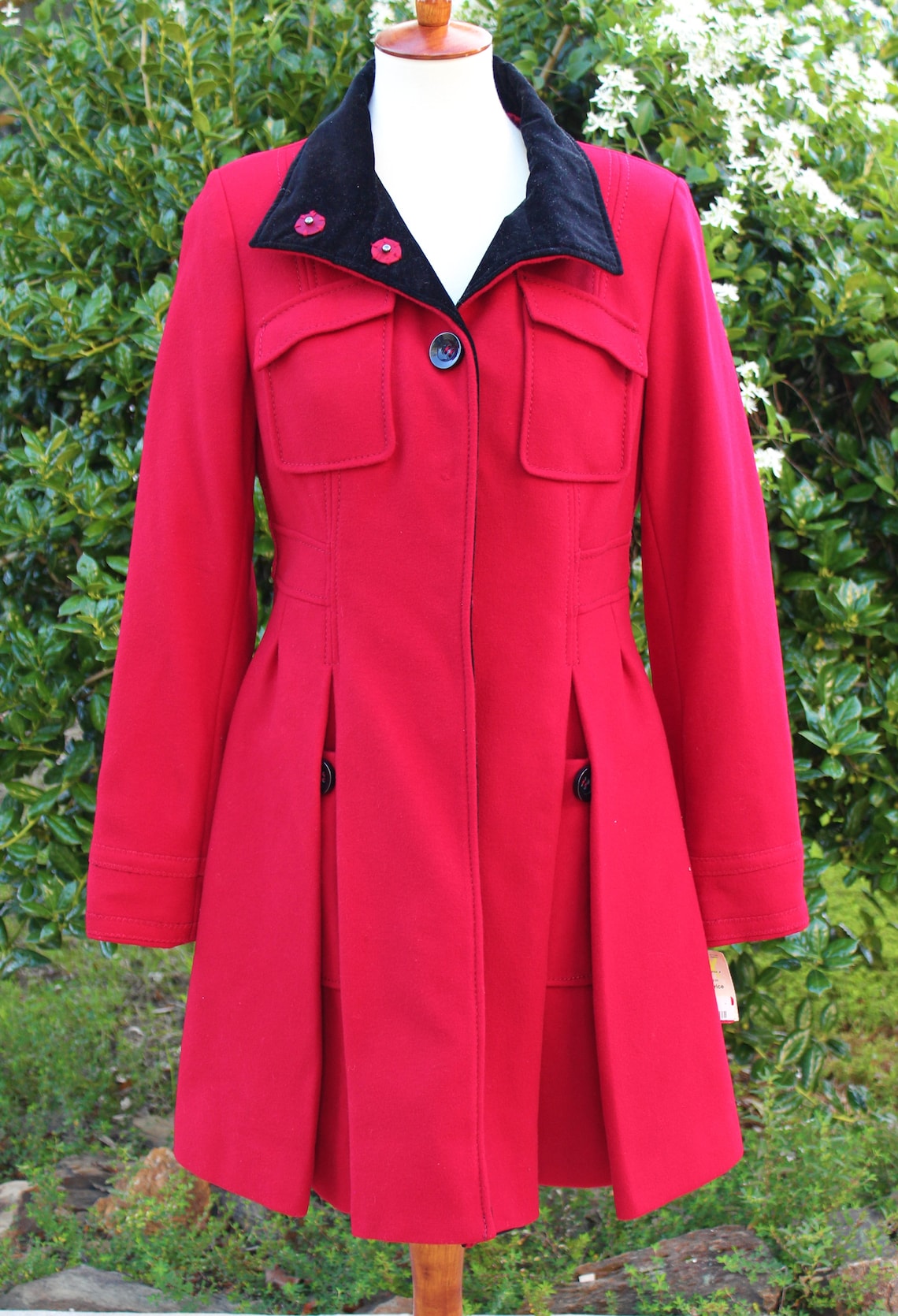 Red and Black Trench Coat Pleated Jacket Long Winter Coat Etsy