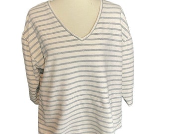 Gestreiftes Sweatshirt Creme Frauen Große V-Ausschnitt Casual Entspannte Baumwolle Minimalist Küsten
